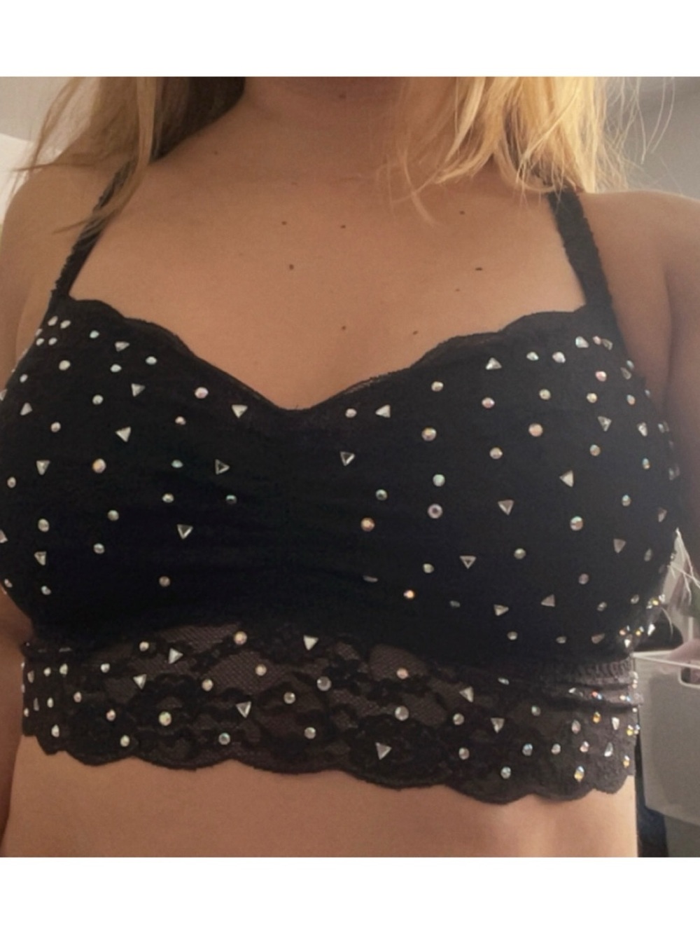 Victorias Secret Pink Black lace Bralette with rhinestone details Size Large